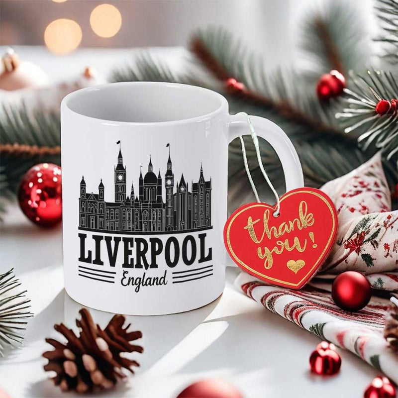 Tailorly White Ceramic 11 oz Mug - Liverpool England Detailed Black Silhouette Of Iconic Historic Buildings Along The Waterfront Skyline