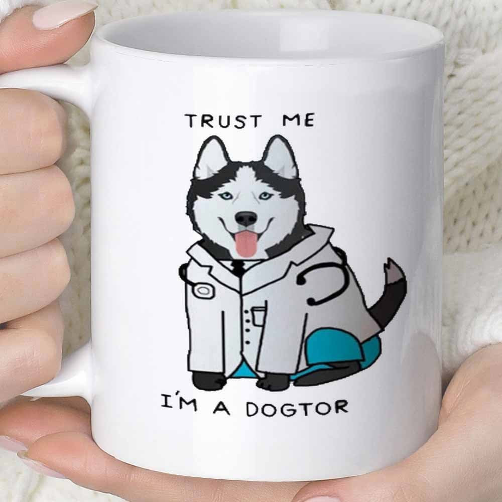 Tailorly White Ceramic 11 oz Mug - Trust Me Im A Dogtor Friendly Husky Wearing Professional White Medical Lab Coat And Stethoscope Dog
