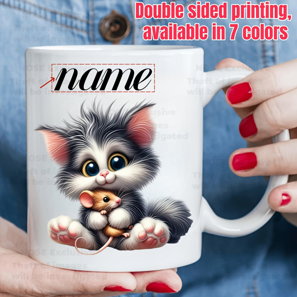 Tailorly White Ceramic 11 oz Mug - Name Adorable Fluffy Creature With Messy Fur Cuddling A Tiny Little Brown Mouse Kitten