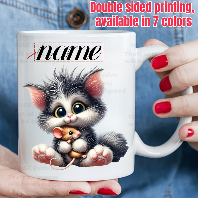 Tailorly White Ceramic 11 oz Mug - Name Adorable Fluffy Creature With Messy Fur Cuddling A Tiny Little Brown Mouse Kitten