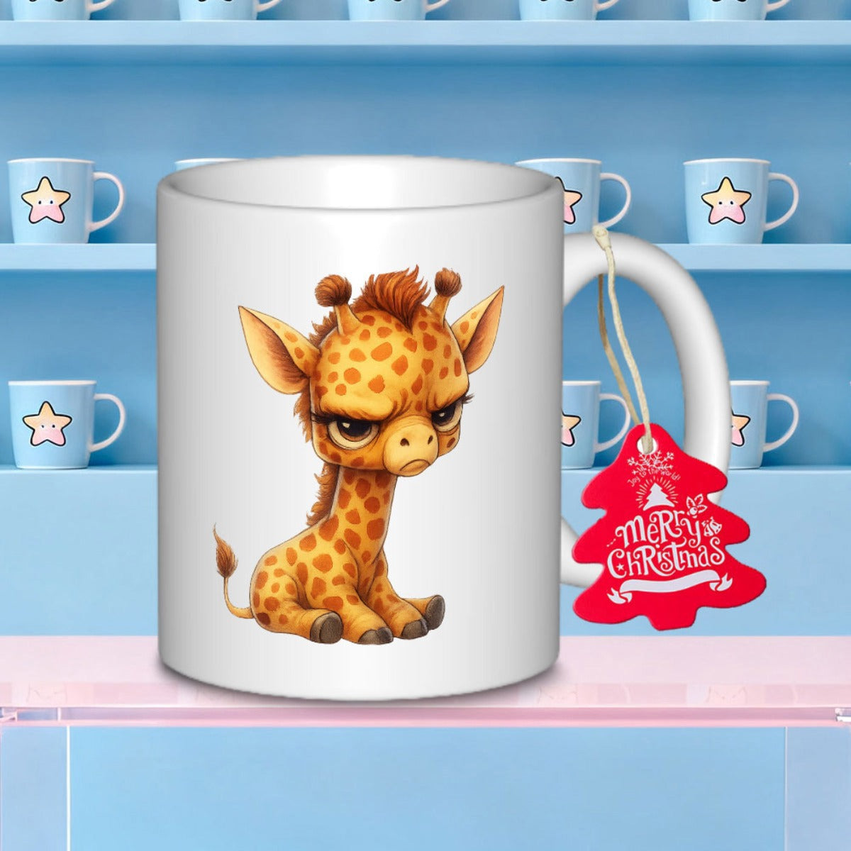 Tailorly White Ceramic 11 oz Mug - Merry Christmas Grumpy Little Baby Sitting With Spotted Pattern And Tiny Mane Giraffe