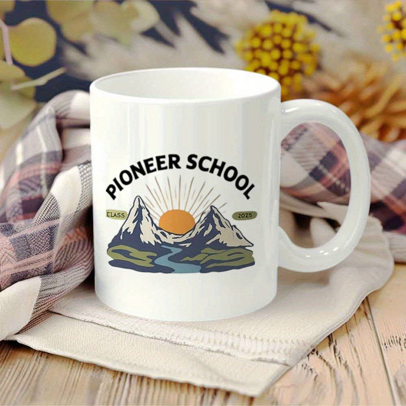 Tailorly White Ceramic 11 oz Mug - Pioneer School Towering Snowy Mountains With Radiant Morning Sun Rising Over Winding Blue River Mountain
