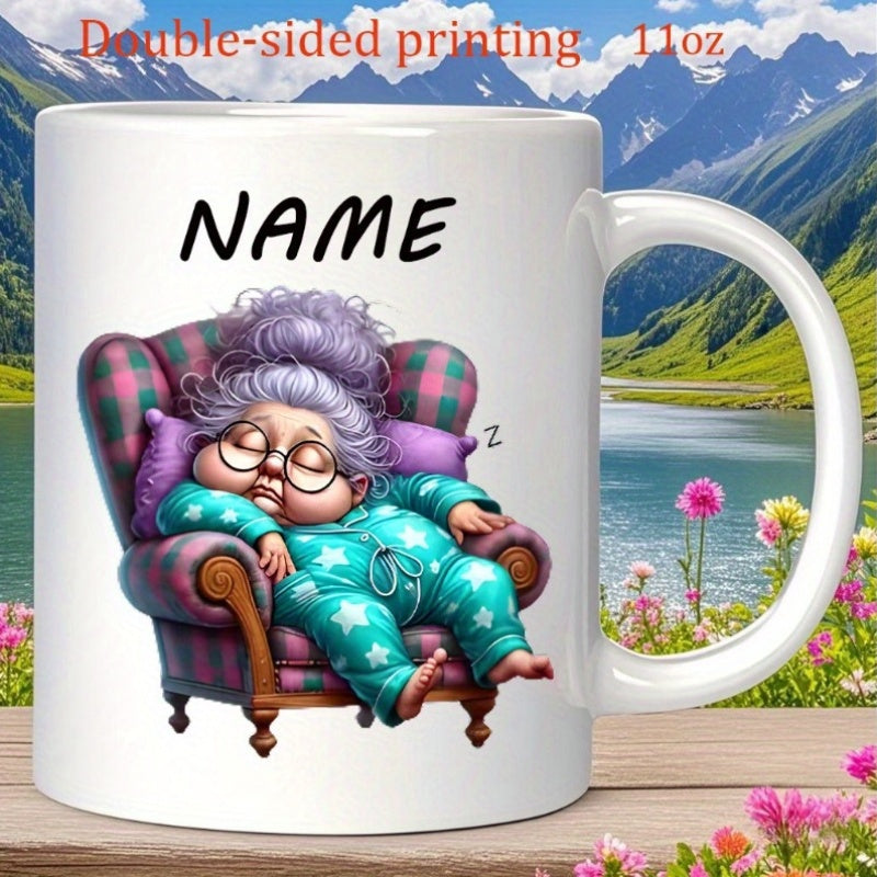 Tailorly White Ceramic 11 oz Mug - Name Peaceful Elderly Lady Sleeping Soundly Inside A Large Cozy Armchair Grandmother
