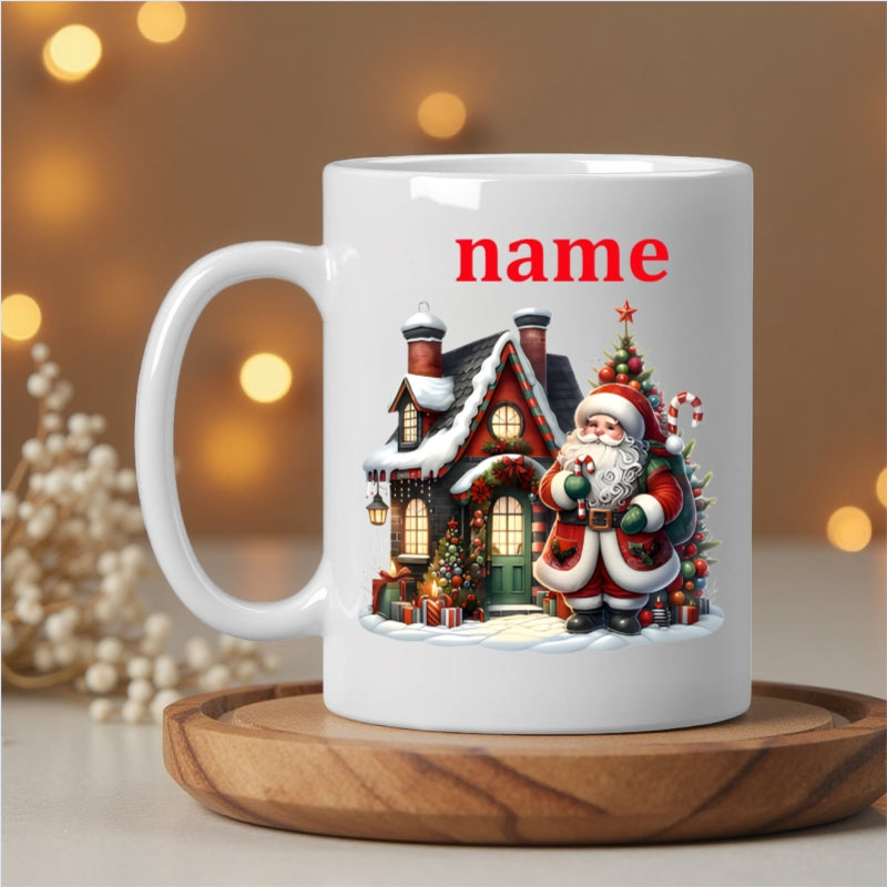 Tailorly White Ceramic 11 oz Mug - Name Festive Snowy Winter Cottage Surrounded By Holiday Trees And A Jolly Santa Claus