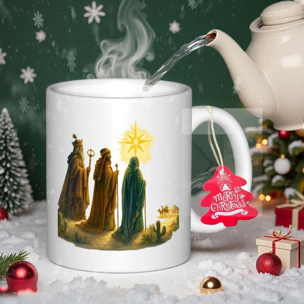 Tailorly White Ceramic 11 oz Mug - Merry Christmas Three Magi Following Radiant Bethlehem Star Through Golden Desert Landscape Scene