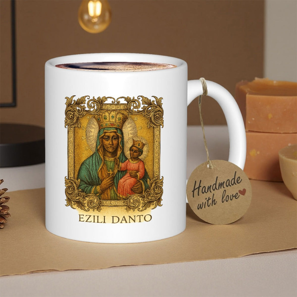 Tailorly White Ceramic 11 oz Mug - Ezili Danto Ornate Gold Frame Featuring Religious Figure Holding Child In Traditional Robes Portrait