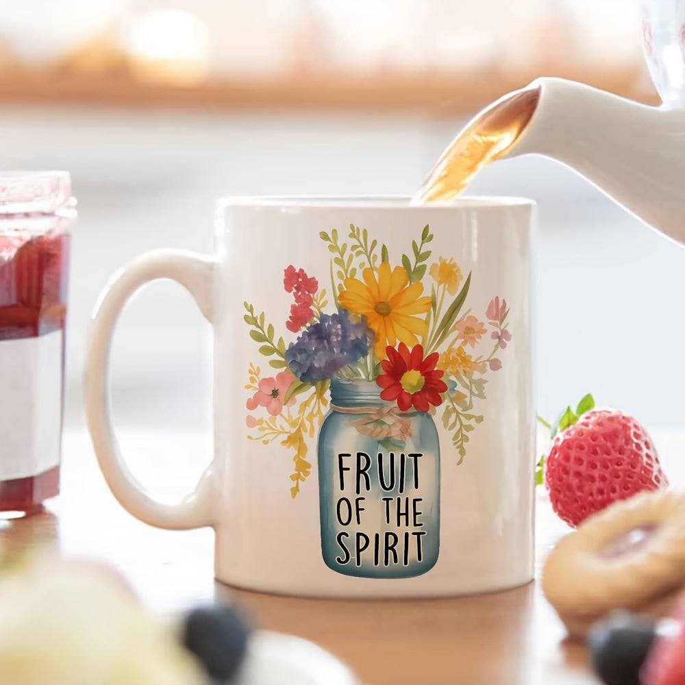 Tailorly White Ceramic 11 oz Mug - Fruit Of The Spirit Colorful Blooming Wildflowers Inside A Blue Vintage Style Glass Mason Jar