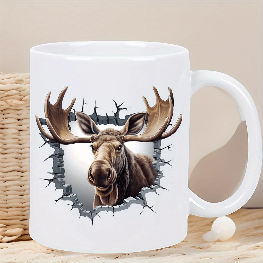 Tailorly White Ceramic 11 oz Mug - Majestic Wildlife Animal Emerging From A Cracked Surface 3D Effect Moose