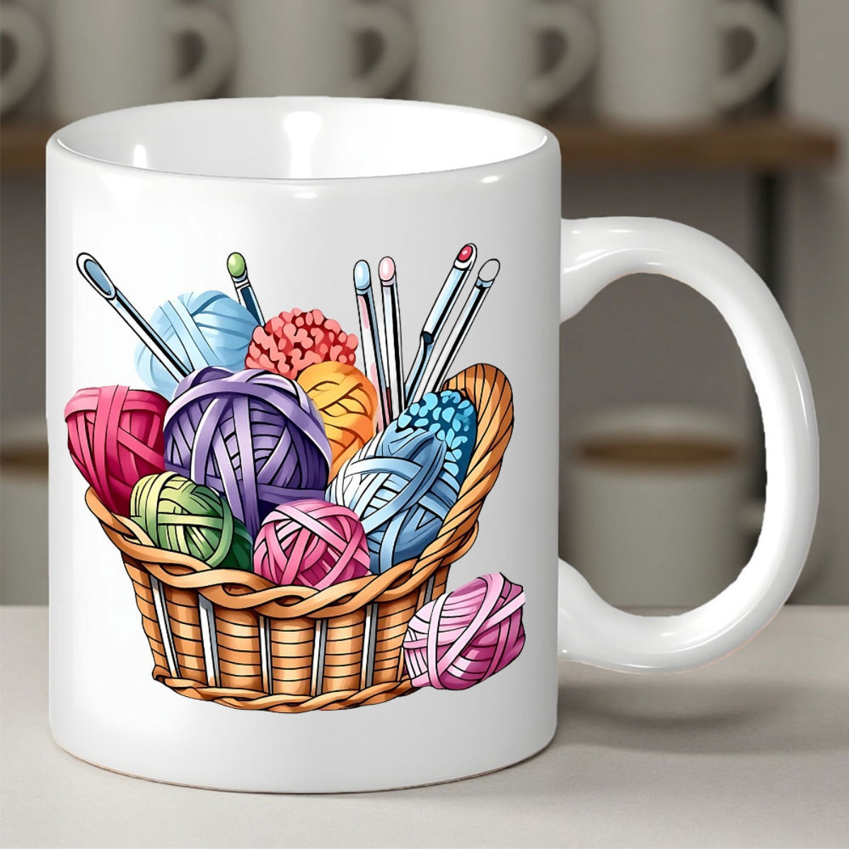 Tailorly White Ceramic 11 oz Mug - Colorful Yarn Balls And Crochet Hooks Inside Woven Wooden Basket