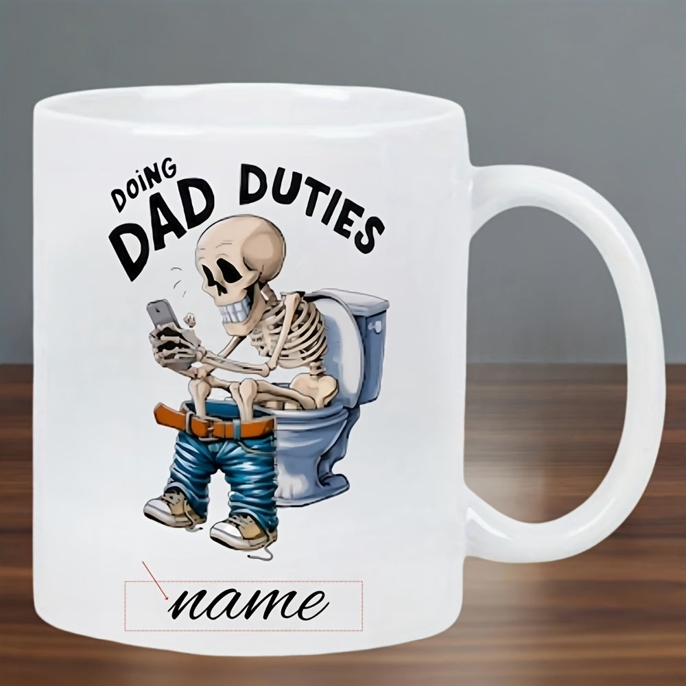 Tailorly White Ceramic 11 oz Mug - Doing Dad Duties Funny Cartoon Skeleton Sitting On Toilet Using A Mobile Phone Skeleton