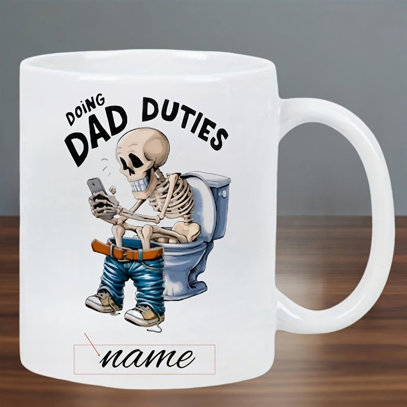 Tailorly White Ceramic 11 oz Mug - Doing Dad Duties Funny Cartoon Skeleton Sitting On Toilet Using A Mobile Phone Skeleton