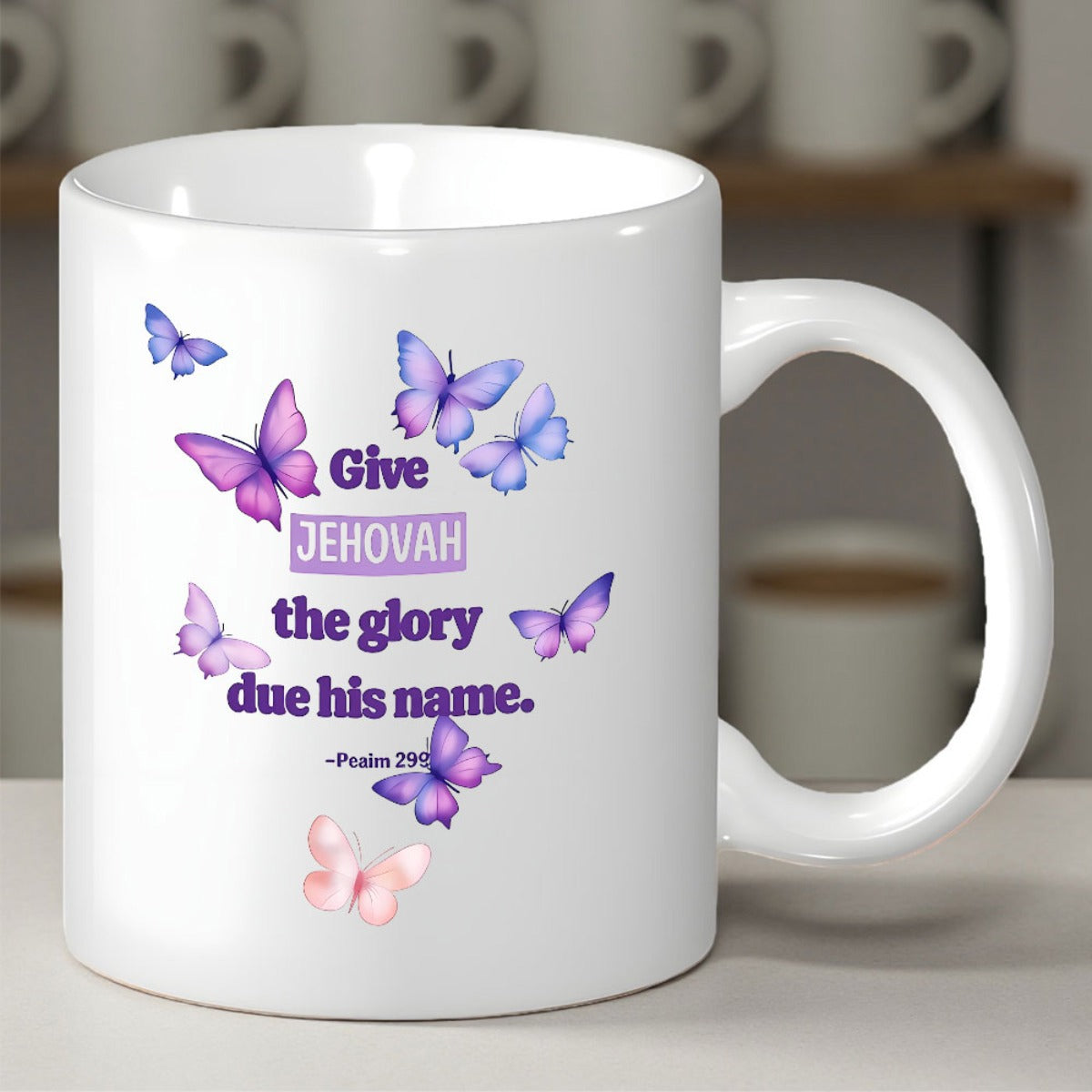 Tailorly White Ceramic 11 oz Mug - Give Jehovah The Glory Due His Name Delicate Purple Butterflies Fluttering Around An Inspirational Bible Verse Butterfly