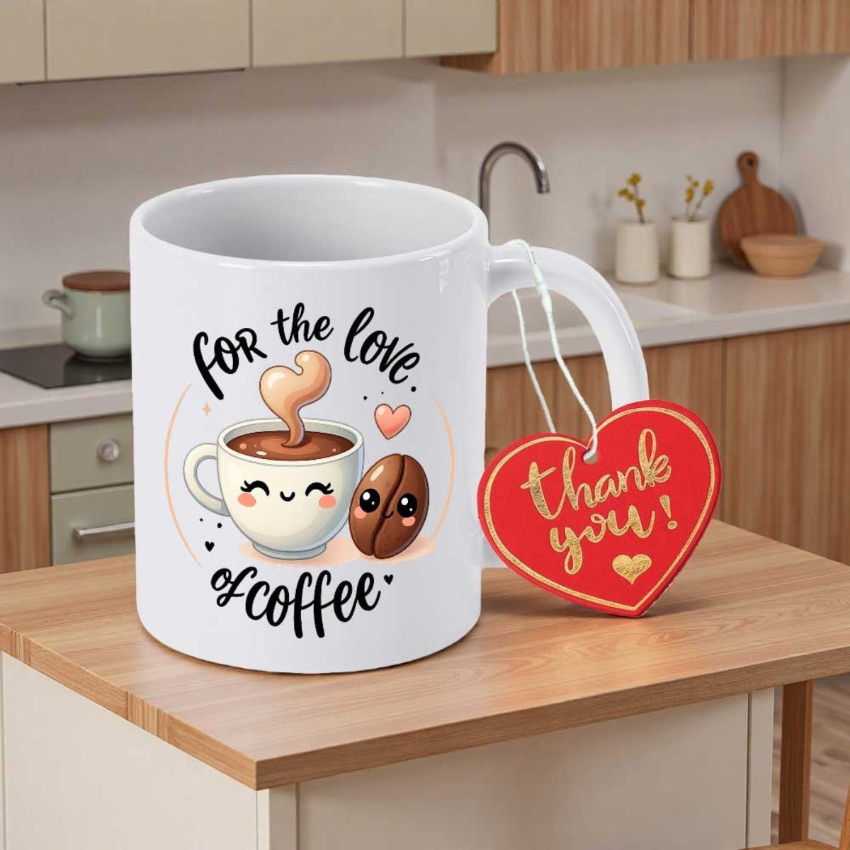 Tailorly White Ceramic 11 oz Mug - For The Love Of Coffee Cute Smiling Cartoon Coffee Cup And Bean Mug