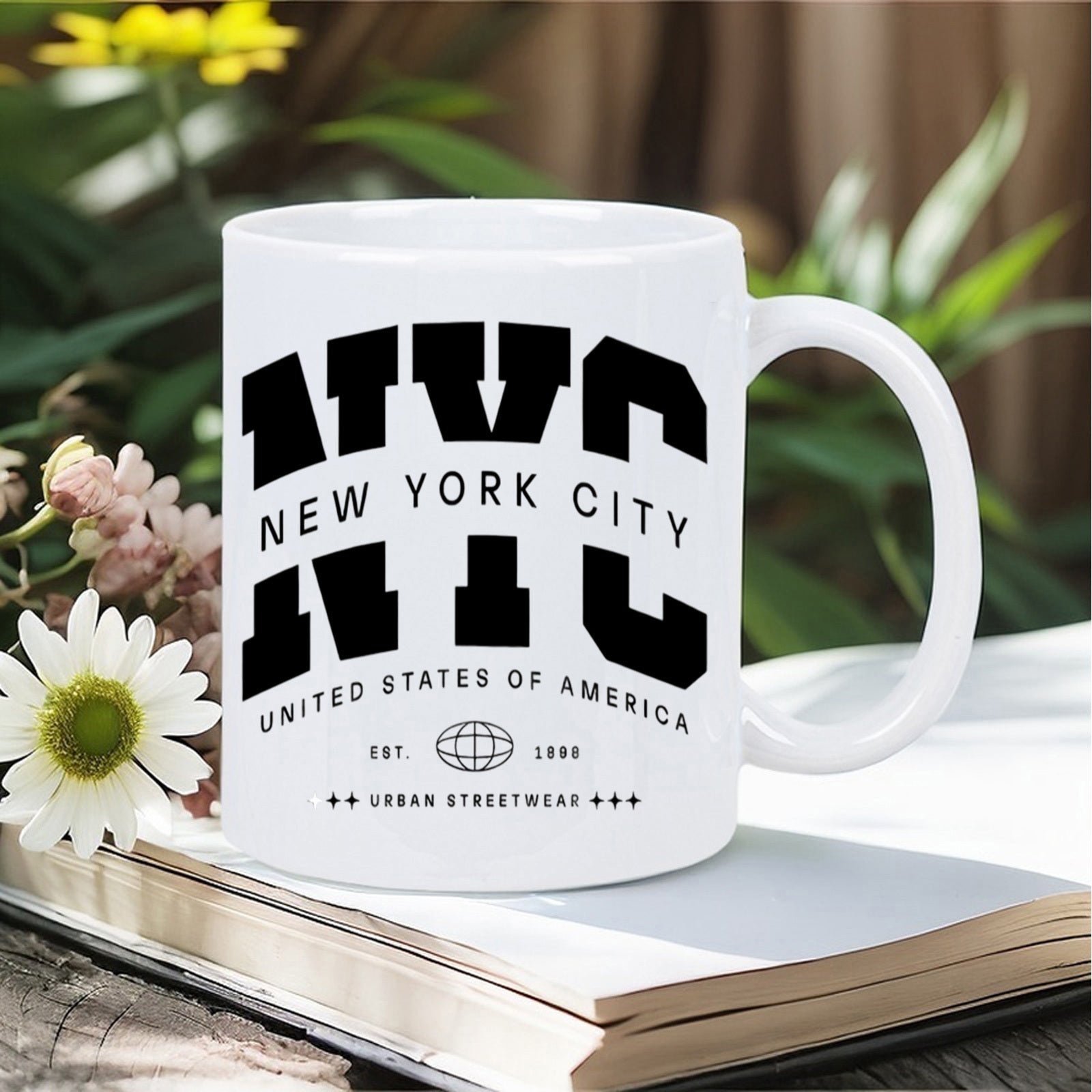 Tailorly White Ceramic 11 oz Mug - NYC New York City United States Of America Urban Streetwear Bold Block Typography With Central Globe Icon In Collegiate Style