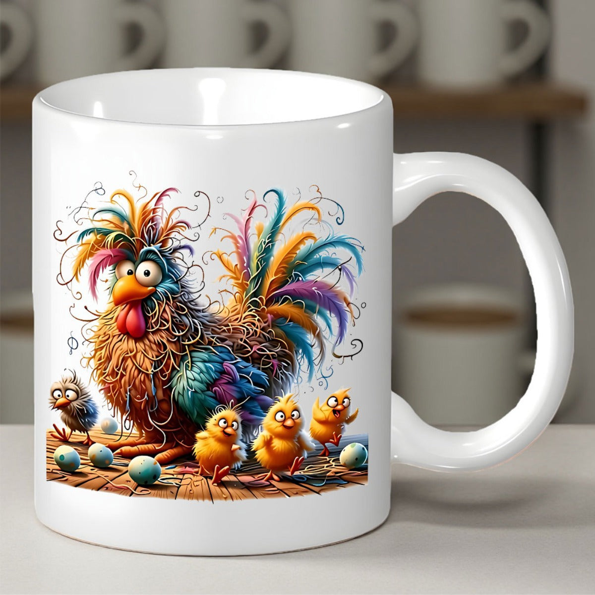Tailorly White Ceramic 11 oz Mug - Vibrant Colorful Feathers With Crazy Eyes And Cute Small Fluffy Rooster