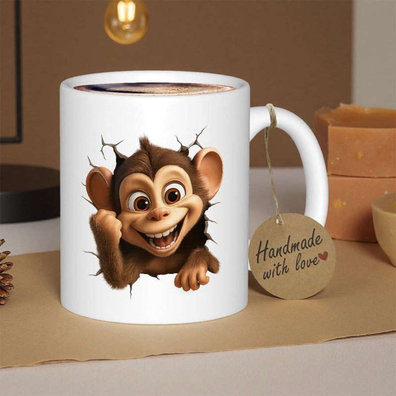 Tailorly White Ceramic 11 oz Mug - Handmade With Love Smiling Brown Primate Popping Out From A Realistic Cracked White Surface Monkey