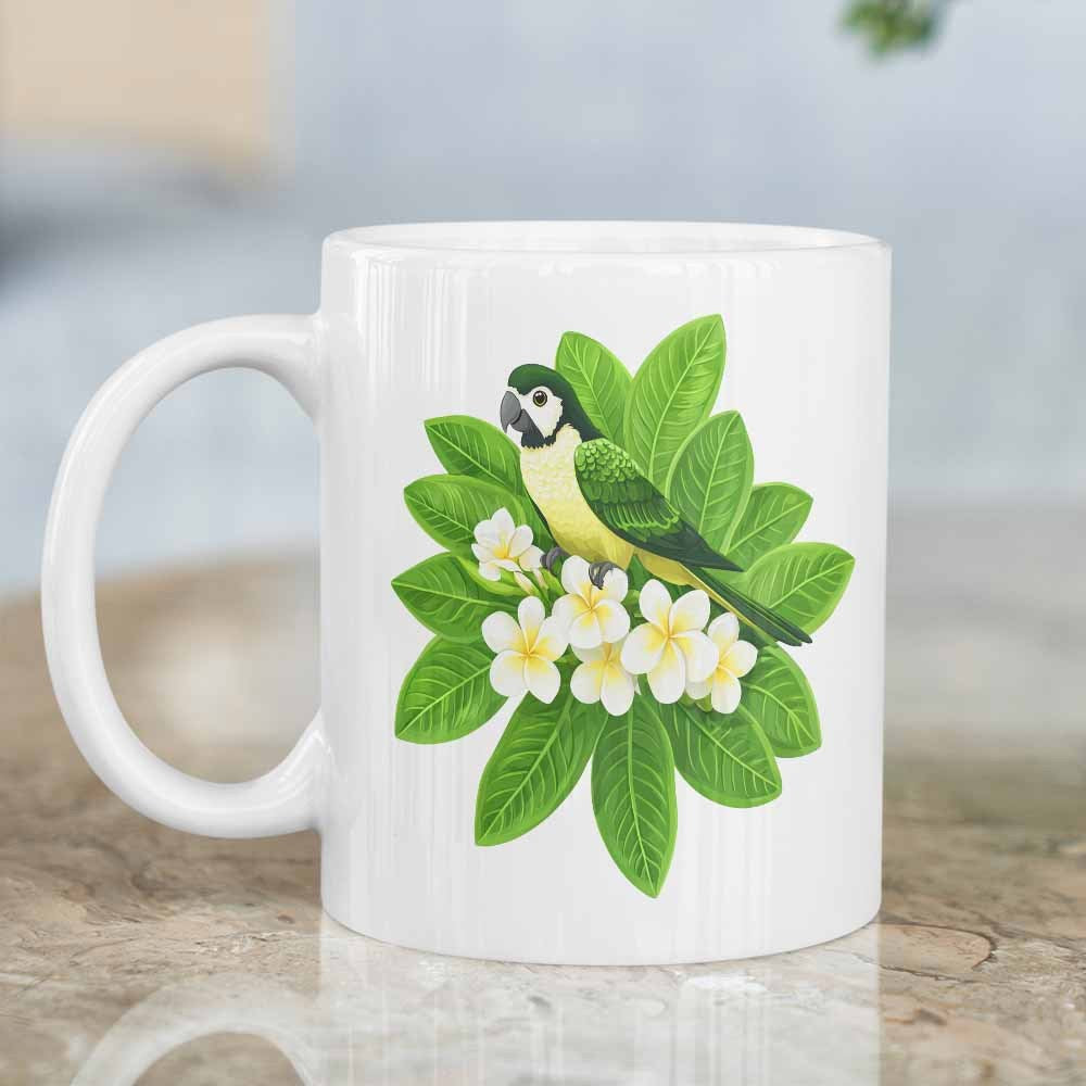 Tailorly White Ceramic 11 oz Mug - Vibrant Tropical Scene With Green Bird Resting On Lush Blooming White Flowers Parrot