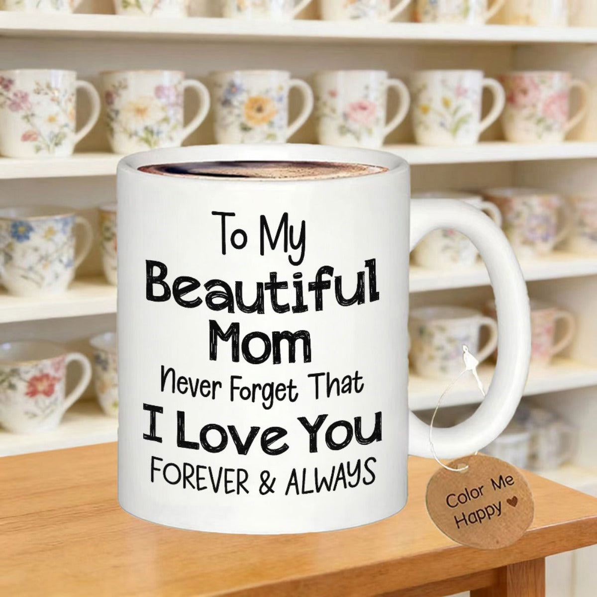 Tailorly White Ceramic 11 oz Mug - To My Beautiful Mom Never Forget That I Love You Forever Always Simple Featuring Bold Black Handwritten Sentimental Text Quote