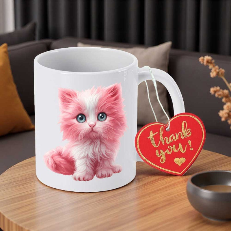 Tailorly White Ceramic 11 oz Mug - Thank You Fluffy Pink And White Feline With Bright Blue Eyes Adorable Kitten