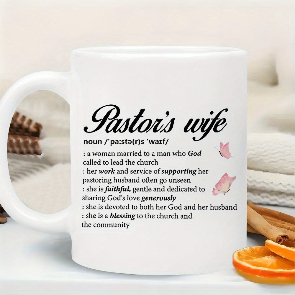 Tailorly White Ceramic 11 oz Mug - Pastor's Wife Elegant Script Typography With Delicate Small Pink Flying Butterflies Butterfly