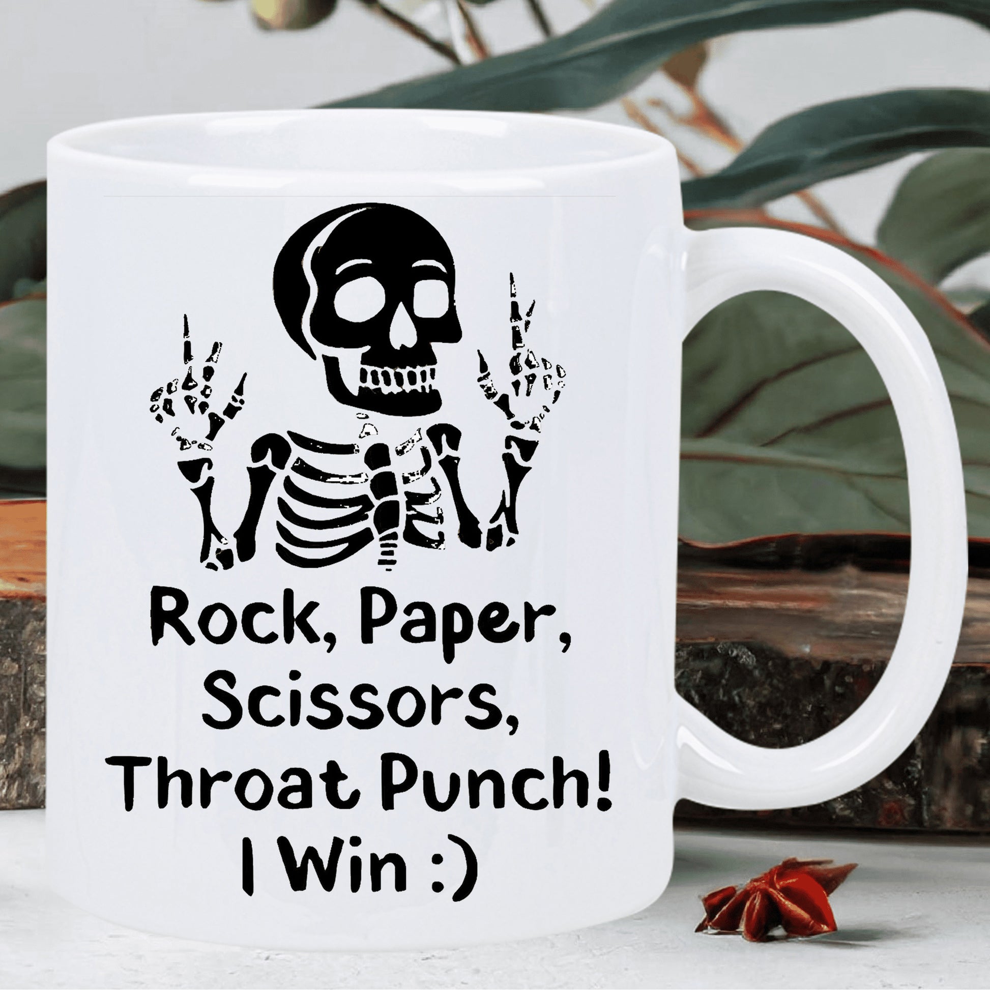 Tailorly White Ceramic 11 oz Mug - Rock Paper Scissors Throat Punch I Win Artistic Skeleton Torso Showing Humorous Hand Gestures In Dark Contrast Skeleton