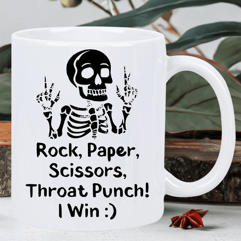 Tailorly White Ceramic 11 oz Mug - Rock Paper Scissors Throat Punch I Win Artistic Skeleton Torso Showing Humorous Hand Gestures In Dark Contrast Skeleton