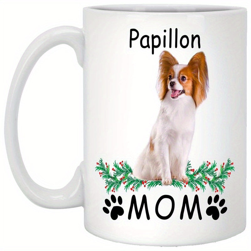 Tailorly White Ceramic 11 oz Mug - Papillon Mom Elegant Dog Sitting Above Green Pine Branches With Red Holly Berries Papillon
