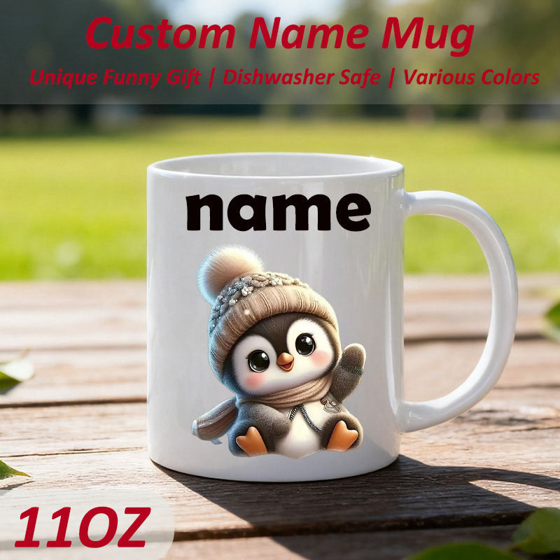 Tailorly White Ceramic 11 oz Mug - Name Adorable Baby Penguin Wearing Knitted Winter Hat And Scarf Waving Joyfully Penguin