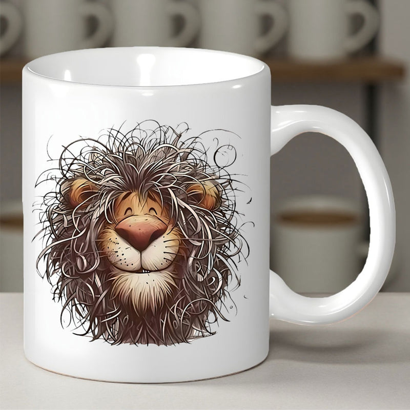 Tailorly White Ceramic 11 oz Mug - Sketchy Style Cartoon With Wild Swirly Mane And Smiling Friendly Face Lion