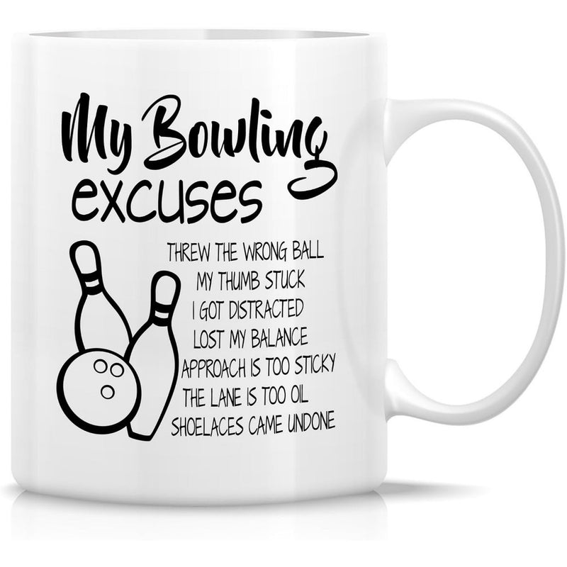 Tailorly White Ceramic 11 oz Mug - My Bowling Excuses Simple Line Art Bowling Pins And Ball With Comic Excuses List Bowling Set