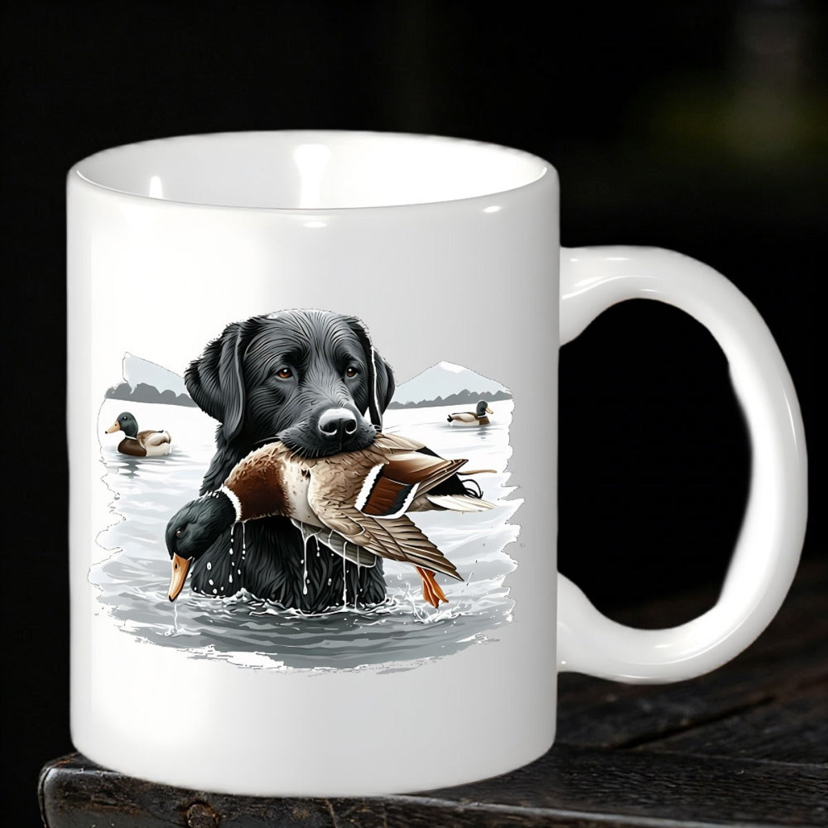 Tailorly White Ceramic 11 oz Mug - Majestic Black Labrador Retriever Holding Mallard Duck In Rippling Water Scenes Dog