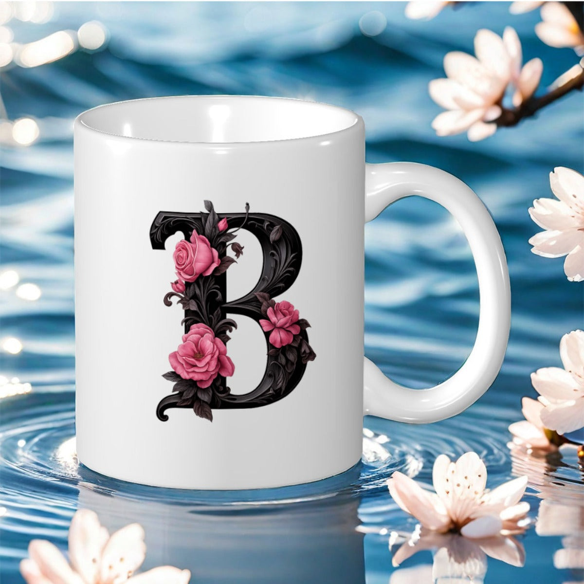 Tailorly White Ceramic 11 oz Mug - B Elegant Black Ornate Letter Decorated With Blooming Pink Roses Mug
