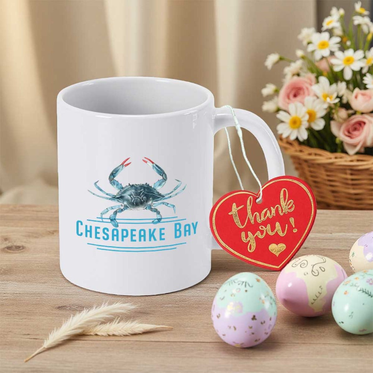 Tailorly White Ceramic 11 oz Mug - Chesapeake Bay Vintage Blue Shell Sea Creature Swimming In Coastal Waters Crab