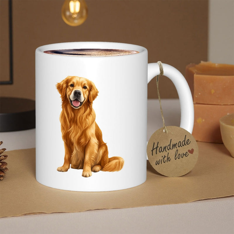 Tailorly White Ceramic 11 oz Mug - Handmade With Love Majestic Golden Retriever Sitting Calmly With Silky Golden Fur Dog