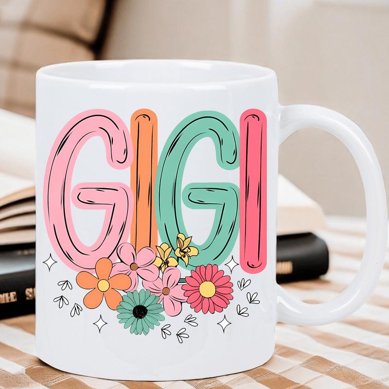 Tailorly White Ceramic 11 oz Mug - Gigi Colorful Retro Style Bubble Letters Decorated With Vibrant Spring Meadow Flowers Mug