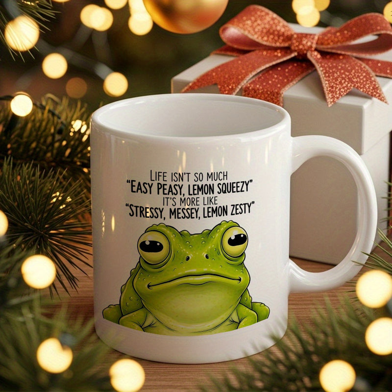 Tailorly White Ceramic 11 oz Mug - Life Isnt So Much Easy Peasy Lemon Squeezy Its More Like Stressy Messy Lemon Zesty Grumpy Green Amphibian Resting Under