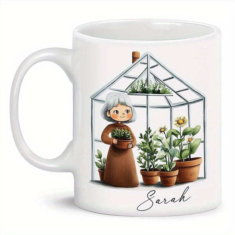 Tailorly White Ceramic 11 oz Mug - Sarah Peaceful Elderly Woman Tending Potted Plants Inside Sunlit Greenhouse