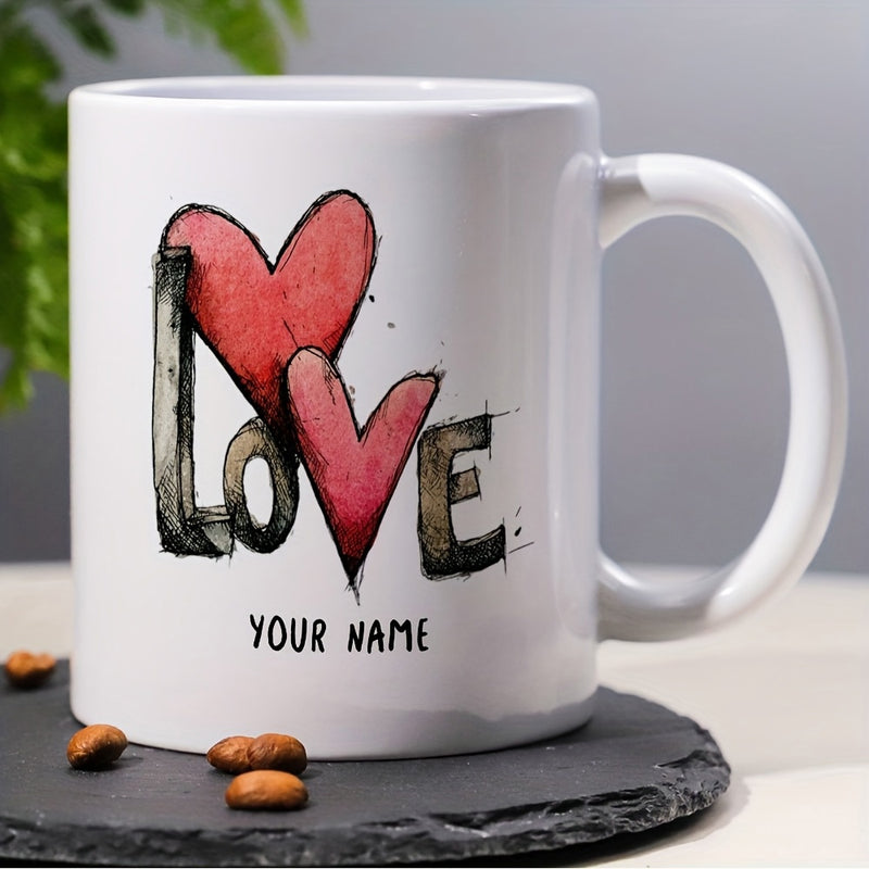 Tailorly White Ceramic 11 oz Mug - Love Your Name Artistic Hand Drawn Sketch With Vibrant Red Watercolor Textures And Heart