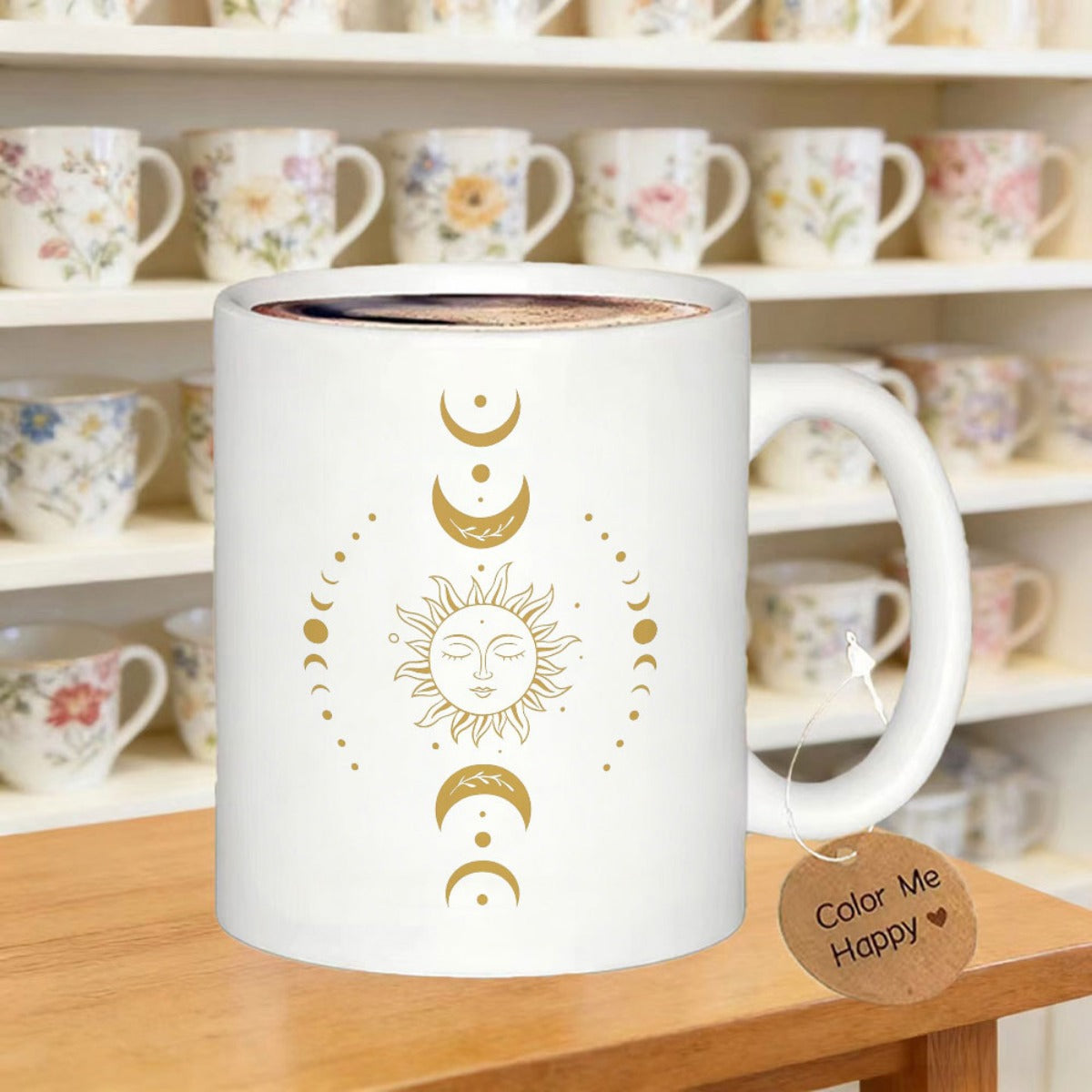 Tailorly White Ceramic 11 oz Mug - Golden Celestial Elements Featuring Crescent Moon Phases And Radiant Sun