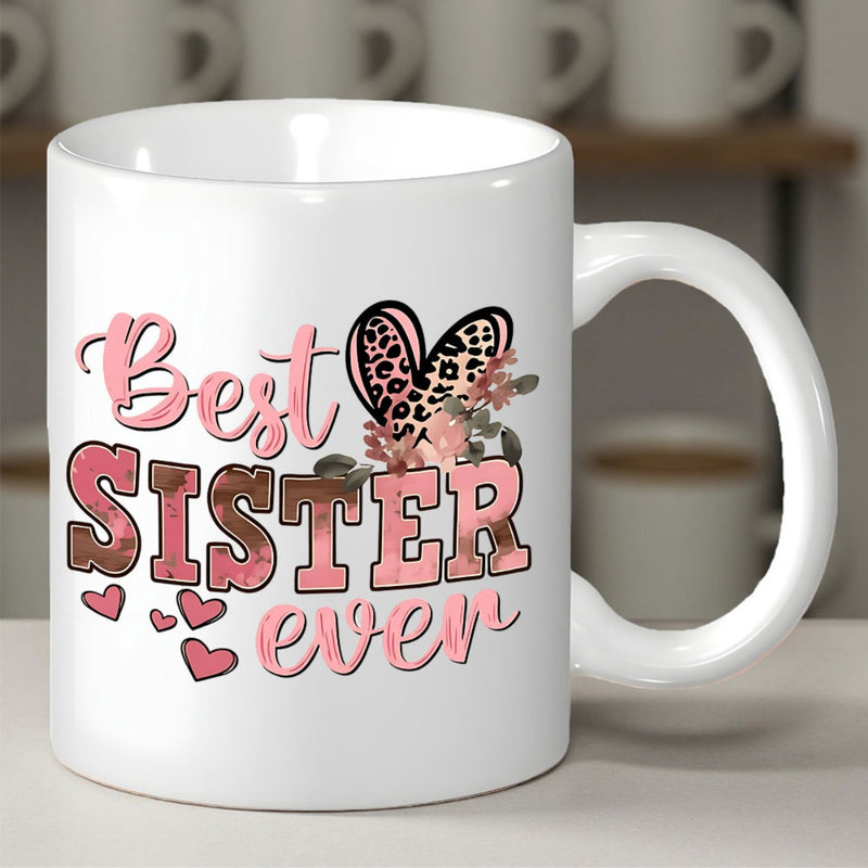 Tailorly White Ceramic 11 oz Mug - Best Sister Ever Elegant Floral Leopard Pattern Heart Surrounded By Small Pink Love Hearts Mug