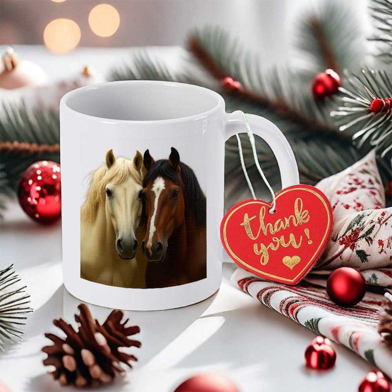 Tailorly White Ceramic 11 oz Mug - Majestic Pair Of Realistic Animals Standing Close In Peaceful Natural Portrait Horse
