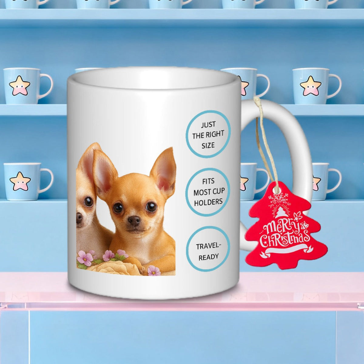 Tailorly White Ceramic 11 oz Mug - Just The Right Size Fits Most Cup Holders Travel Ready Merry Christmas Two Adorable Small Brown Dogs Sitting Among Pink Flowers