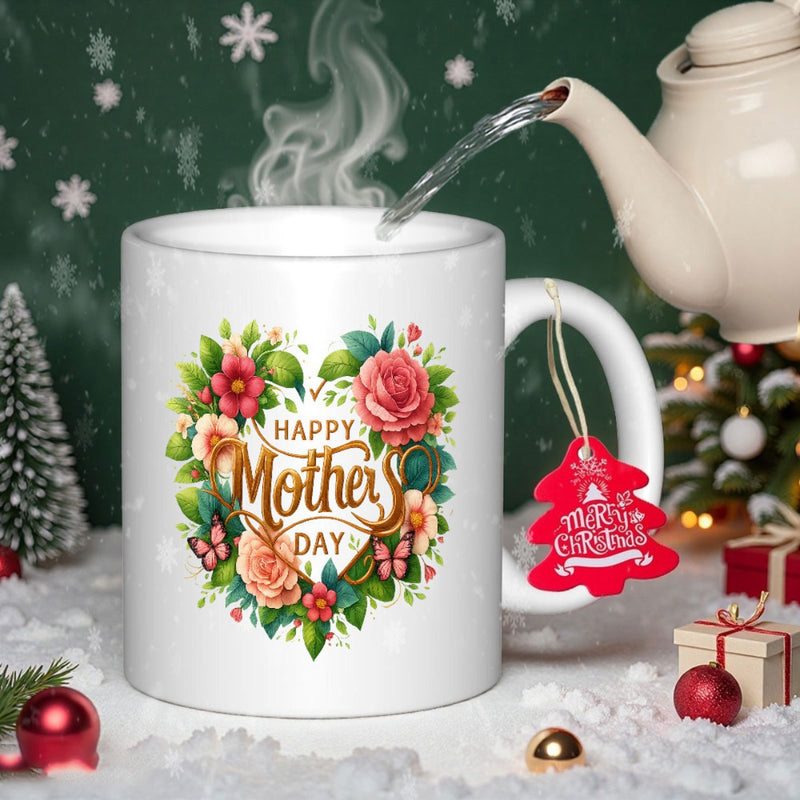 Tailorly White Ceramic 11 oz Mug - Happy Mothers Day Vibrant Blooming Roses And Green Leaves Forming A Decorative Floral Heart