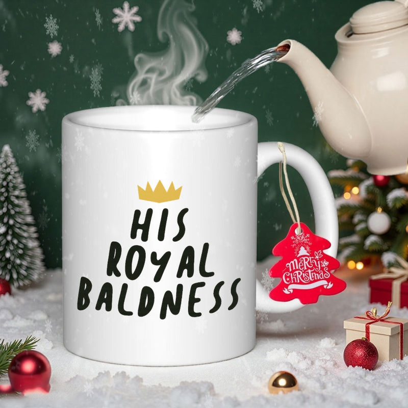 Tailorly White Ceramic 11 oz Mug - His Royal Baldness Minimalist Golden Crown Above Bold Black Hand Written Typography Crown