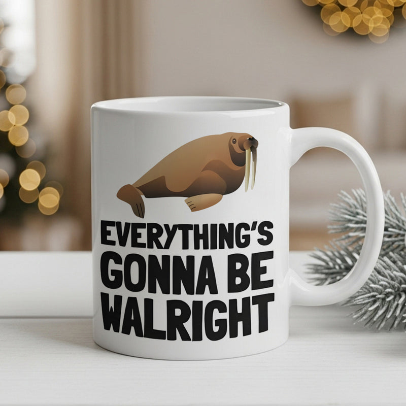 Tailorly White Ceramic 11 oz Mug - Everythings Gonna Be Walright Minimalist Brown Mammal With Long White Tusks Resting Walrus