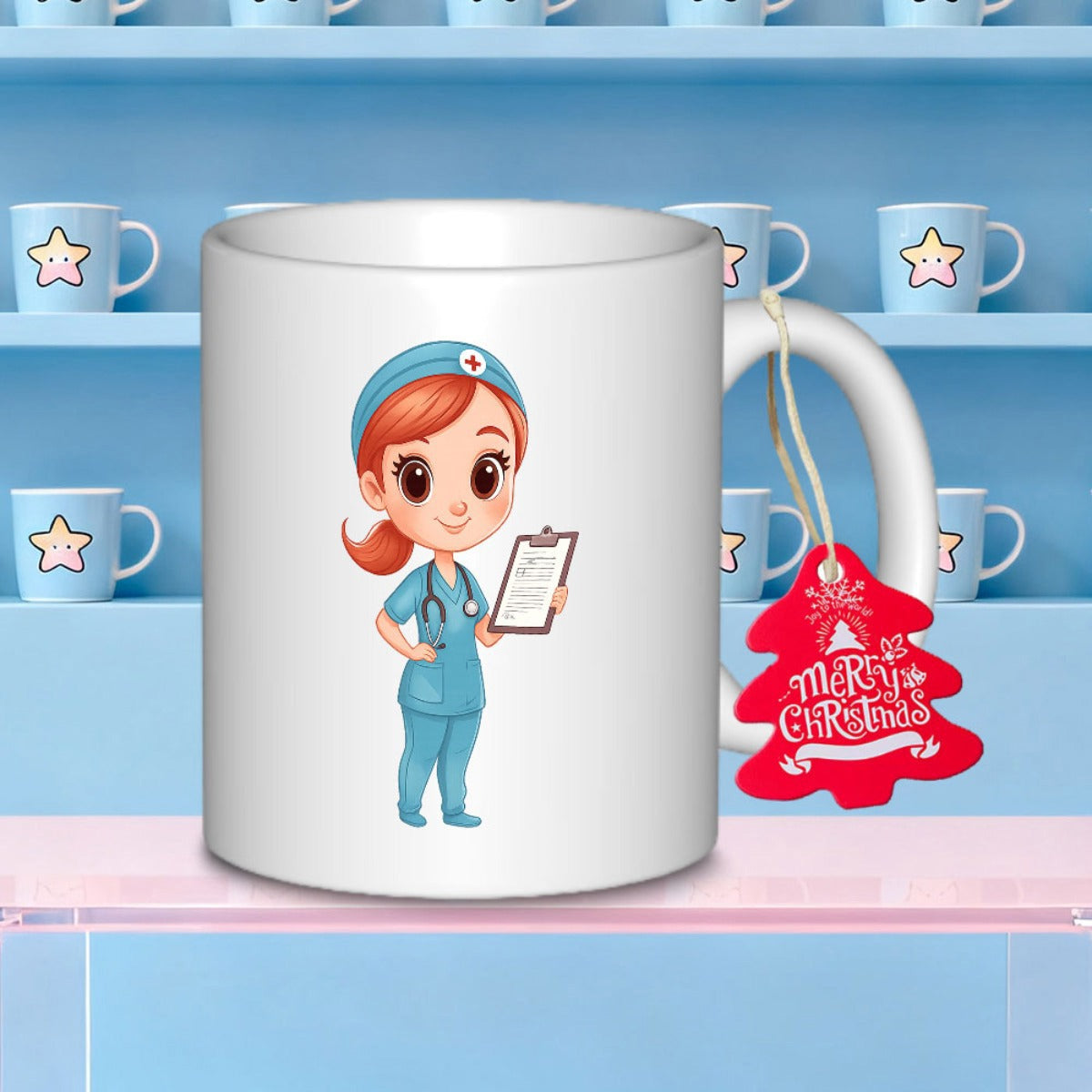 Tailorly White Ceramic 11 oz Mug - Merry Christmas Cute Cartoon Healthcare Professional In Blue Scrubs Holding Medical Clipboard Nurse