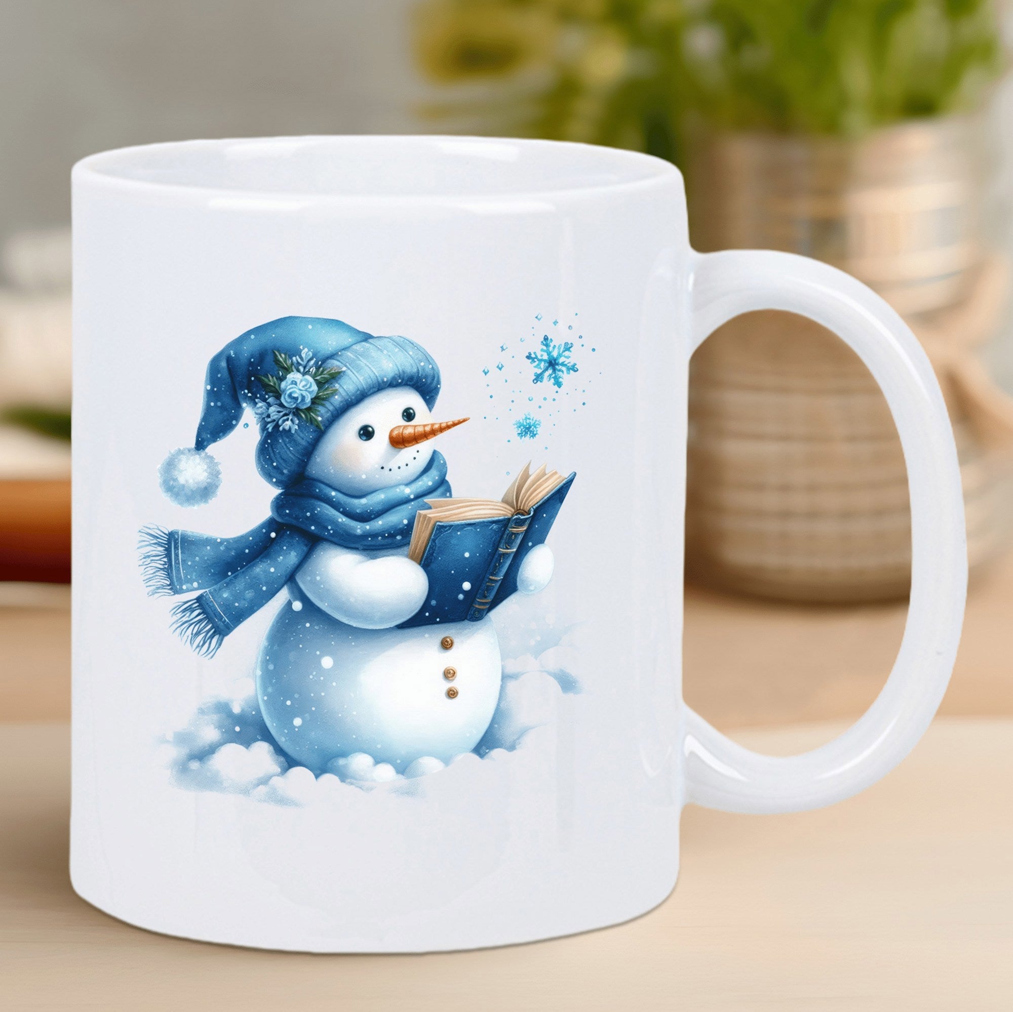 Tailorly White Ceramic 11 oz Mug - Charming Winter Character Reading A Book Amidst Delicate Falling Blue Snowflakes Snowman