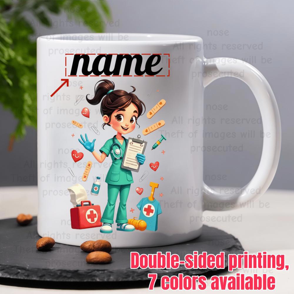 Tailorly White Ceramic 11 oz Mug - Name Cute Cartoon Style Character Holding Clipboard Among Various Medical Symbols Nurse