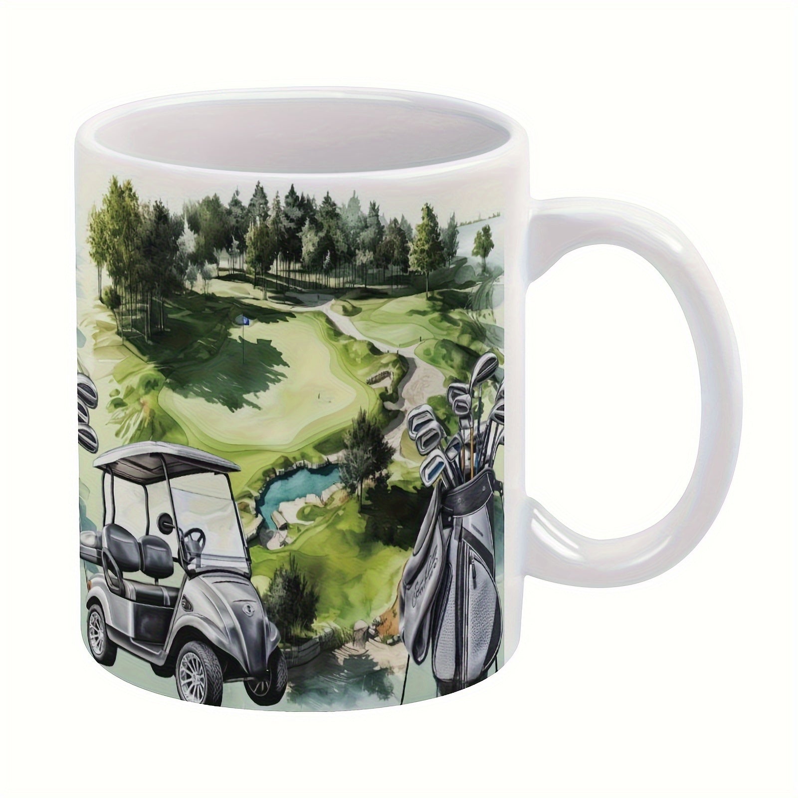 Tailorly White Ceramic 11 oz Mug - Artistic Watercolor Scene Of Serene Green Fairway Featuring Professional Equipment Golf Course