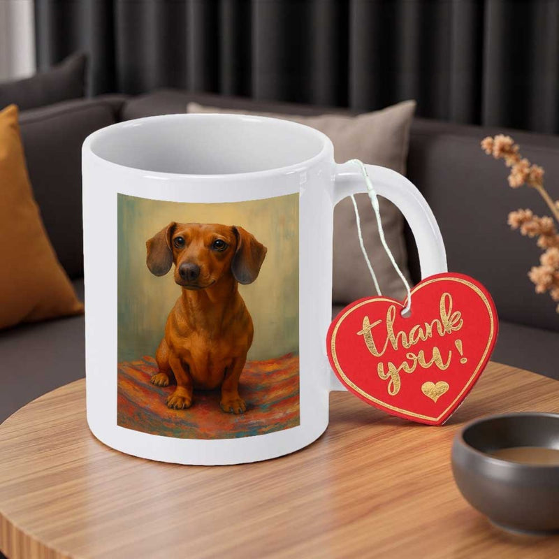 Tailorly White Ceramic 11 oz Mug - Adorable Short Legged Brown Dog Sitting On A Painted Surface Dachshund